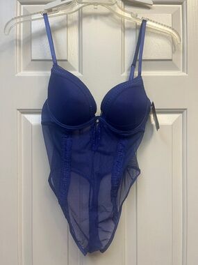 Black Fuschia by Secret Lace Dark Blue Sheer  Teddy L NWT